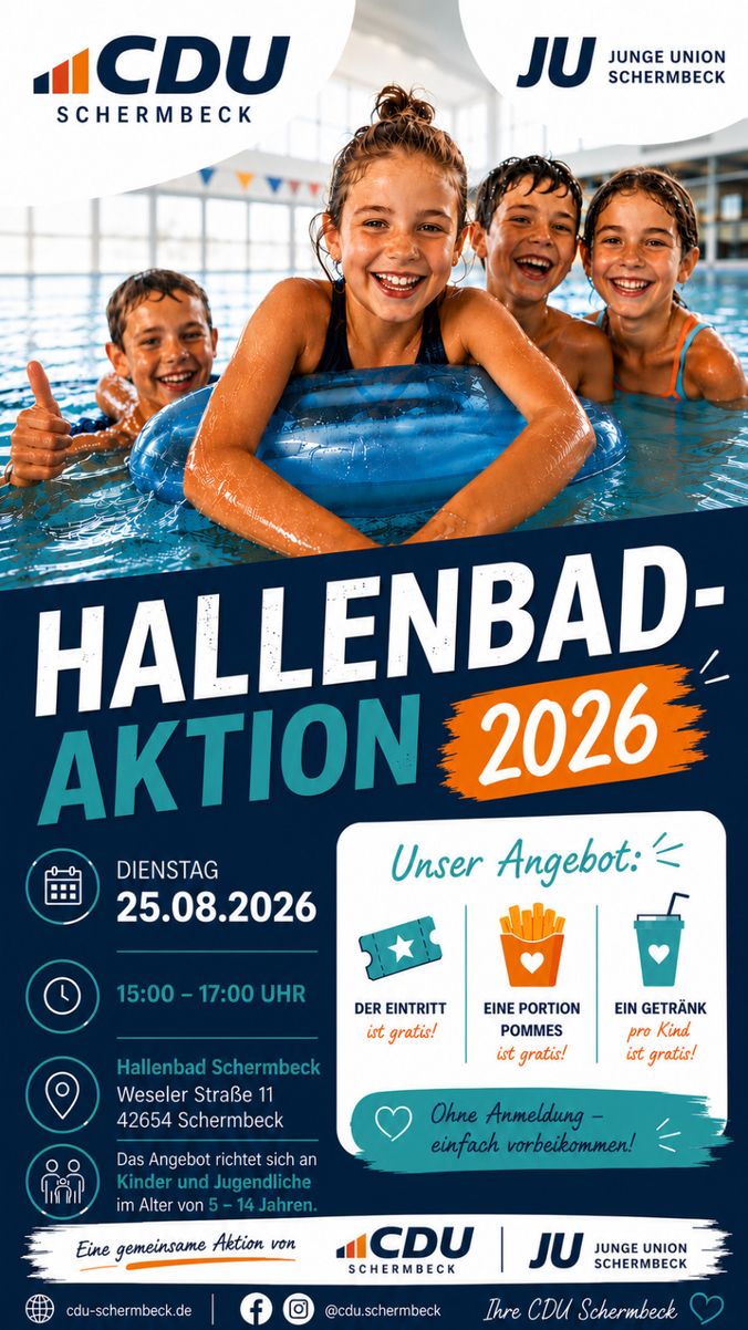 Hallenbad-Aktion 2026: Kinder lachen im Schwimmbad, Eintritt und Snacks gratis am 25.08.2026.