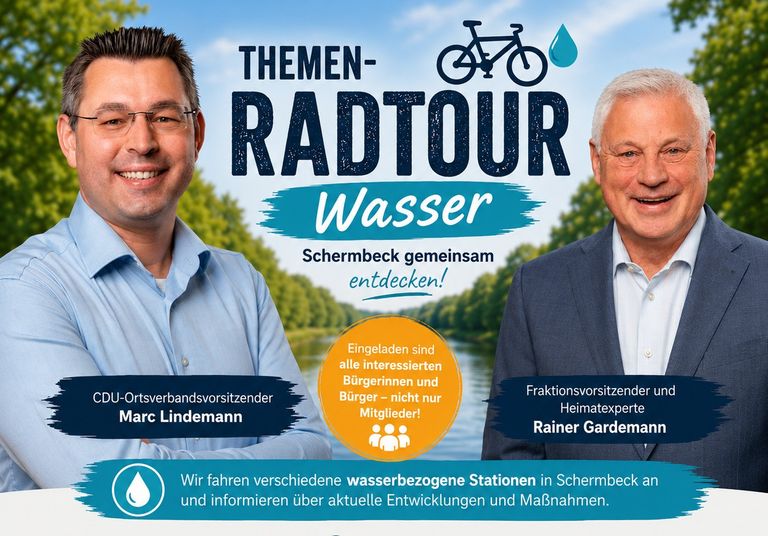 Plakat für CDU-Themenradtour „Wasser“ in Schermbeck mit Terminen und Teilnehmern Marc Lindemann und Rainer Gardemann.