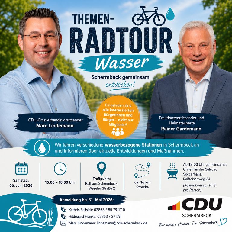 Plakat für CDU-Themenradtour „Wasser“ in Schermbeck mit Terminen und Teilnehmern Marc Lindemann und Rainer Gardemann.